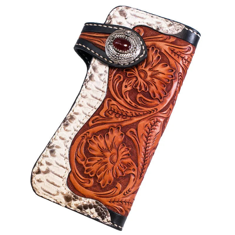 Men's long cow leather wallet with plant flower pattern and buckle closure in brown