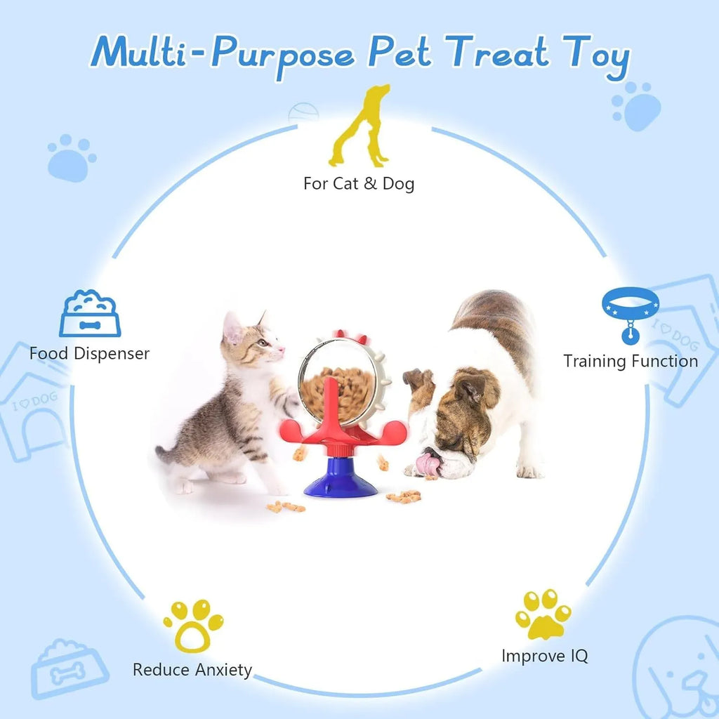 Interactive pet spinner toy with strong sucker base in blue, green, red, or yellow colours for cats and small dogs