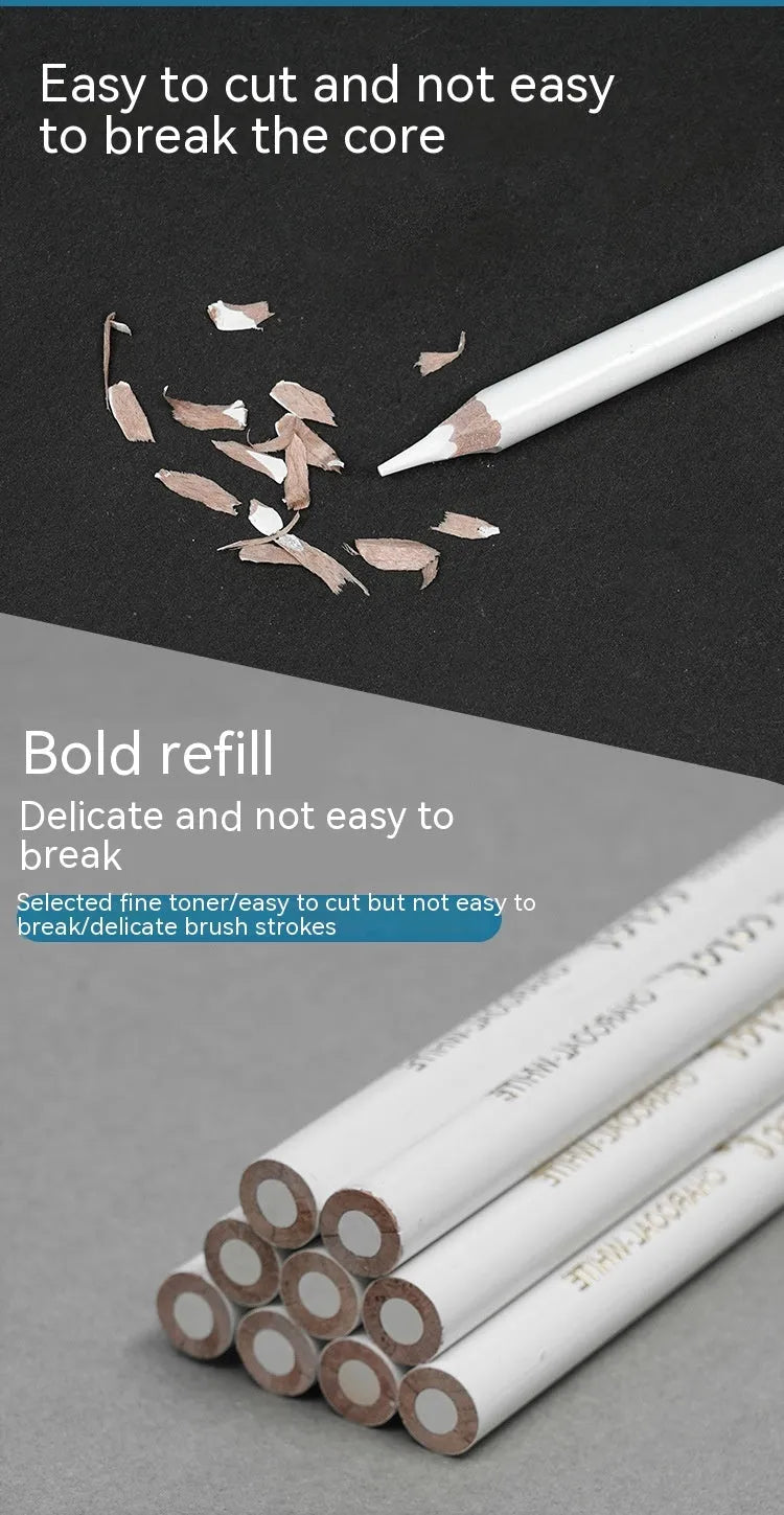 Set of three white charcoal pencils in wooden barrels for artistic highlighting