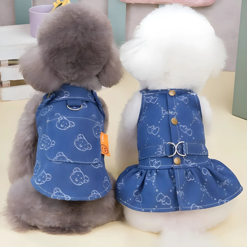 Small dog wearing HNXD denim bracket-skirt dress in one of five available sizes
