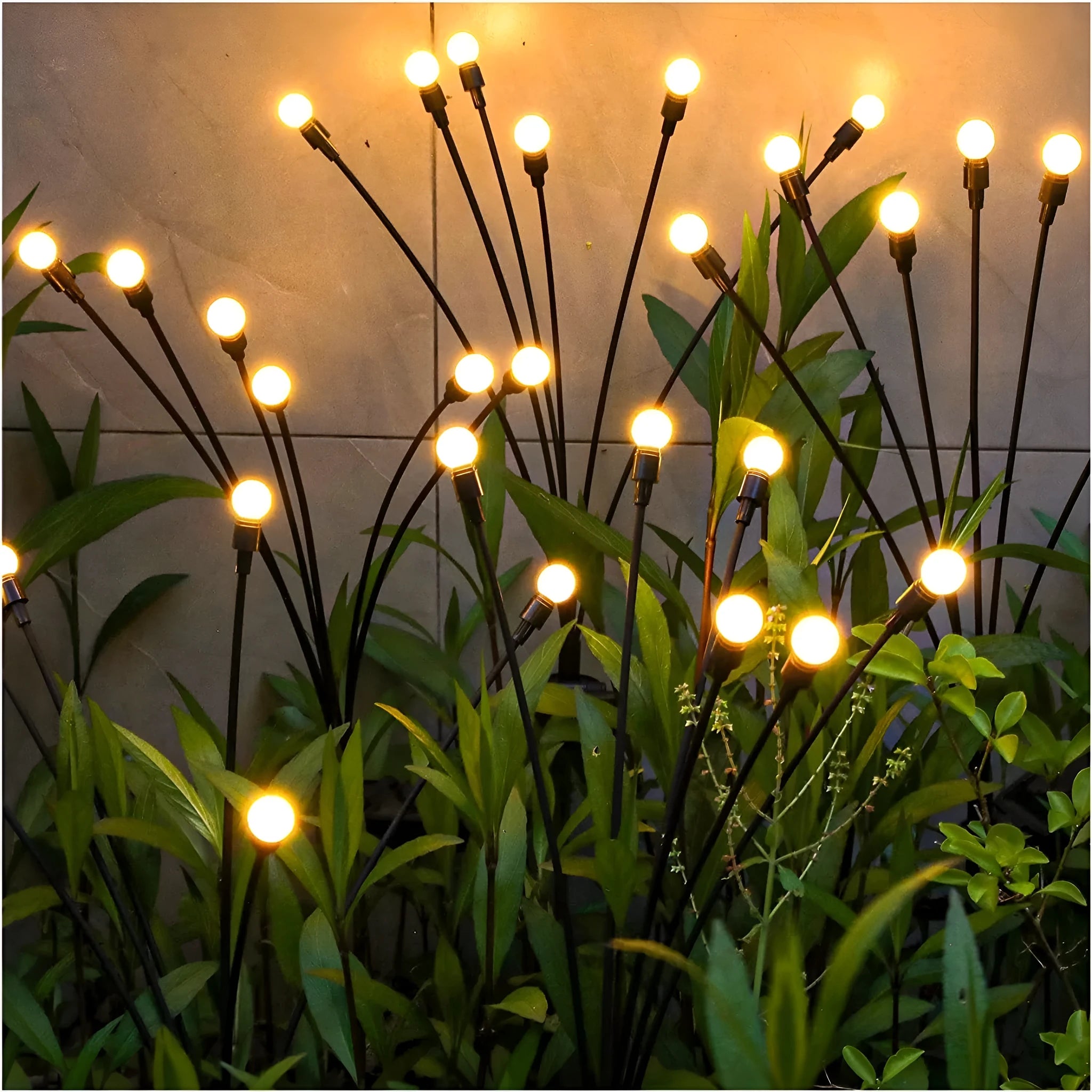 Solar-powered LED firefly ground lamp with multiple heads and ground spike for garden installation