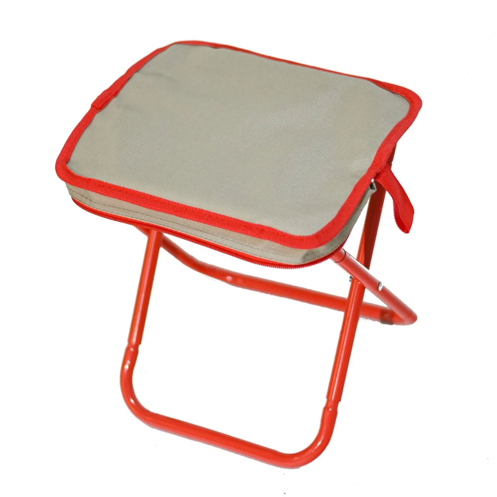 Lightweight foldable outdoor camp chair stool in oxford cloth, shown in khaki colour, folded and unfolded.