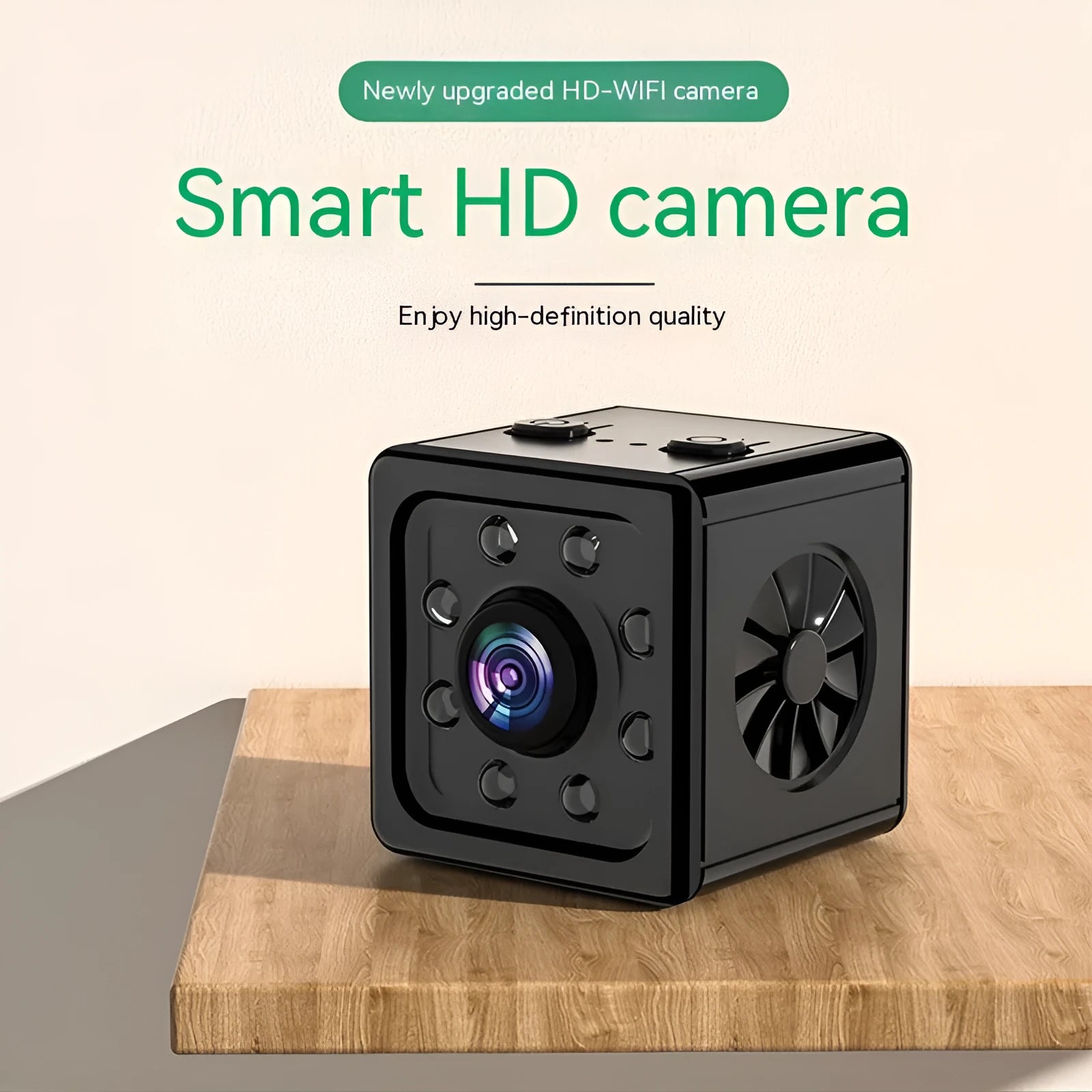 Black cubic Remote Network K13 Sports Camera on a table with its mounting bracket and data cable.