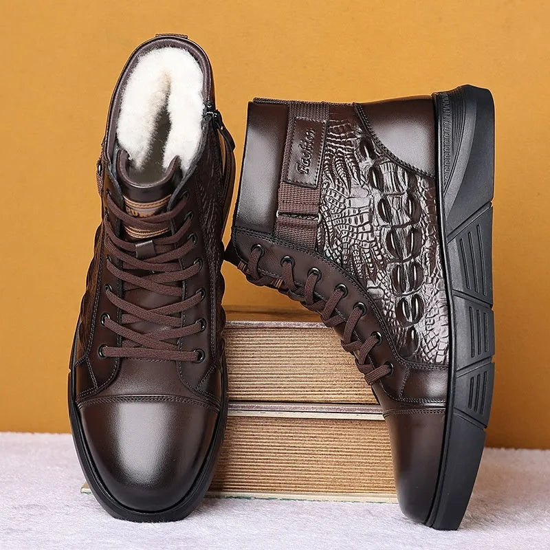 Black genuine leather snow boots with fur lining and non-slip rubber soles, front lace-up closure