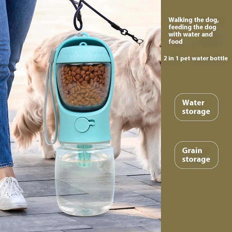 Portable dual-use dog water bottle with split grain cup design in blue, pink, or white colours