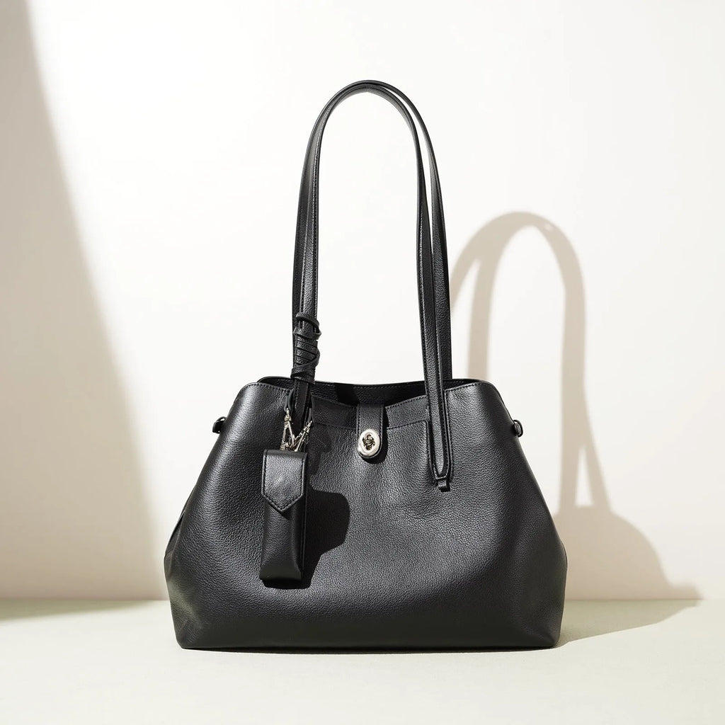Women's genuine top grain cowhide leather bucket bag, large capacity, black colour, patchwork style with zippered hidden pocket