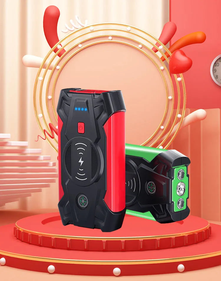 Red car emergency jump starter with thick battery clips and storage box showing 39800W power rating