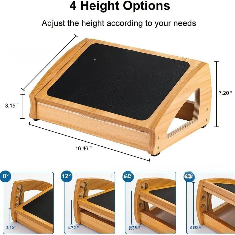 Natural wood colour adjustable bamboo office desk footstool showing height adjustment mechanism