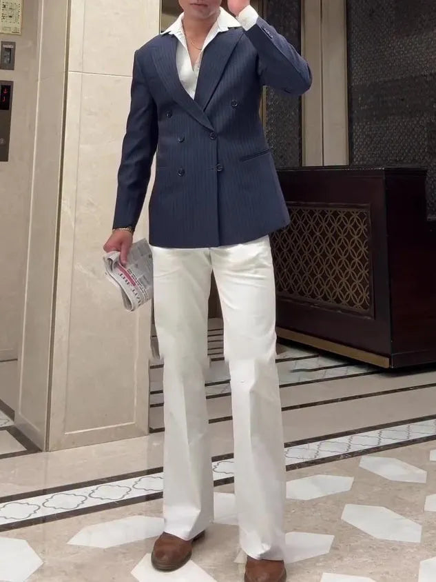 Men's classic striped double breasted blazer in regular fit polyester fabric