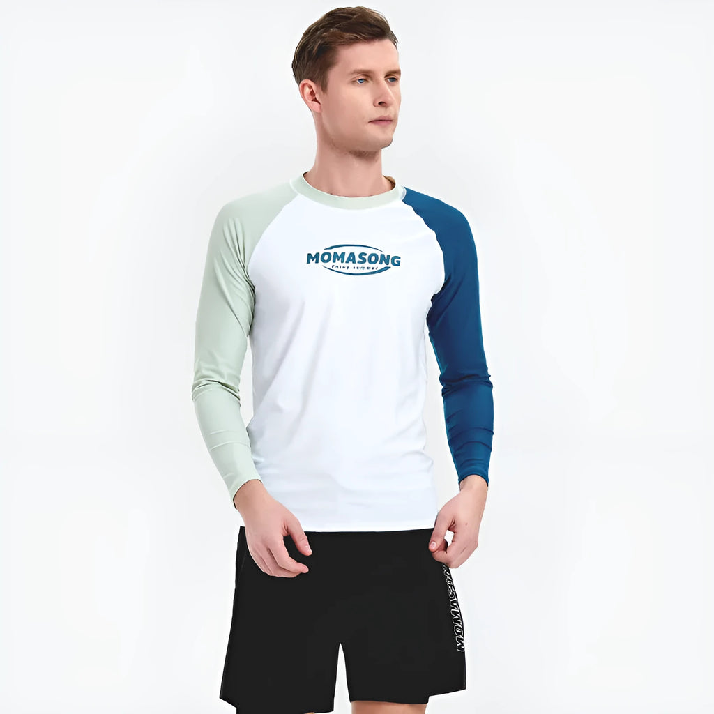 Men's white long-sleeve swim top with matching blue swimming trunks set for water sports