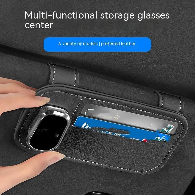 Cowhide leather car sun visor card holder with glasses clip in multiple colour options