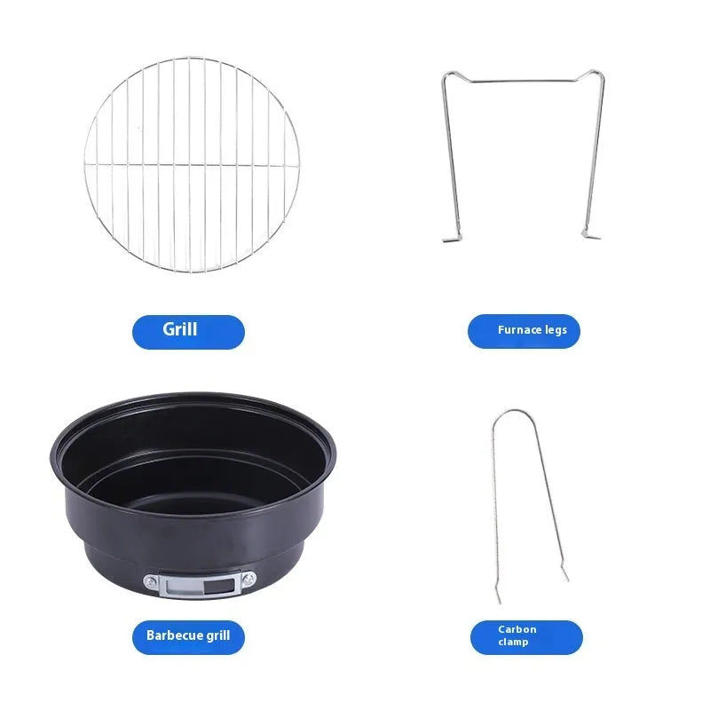 Small round metal folding camping stove with grill mesh and legs, packed in a carry bag.
