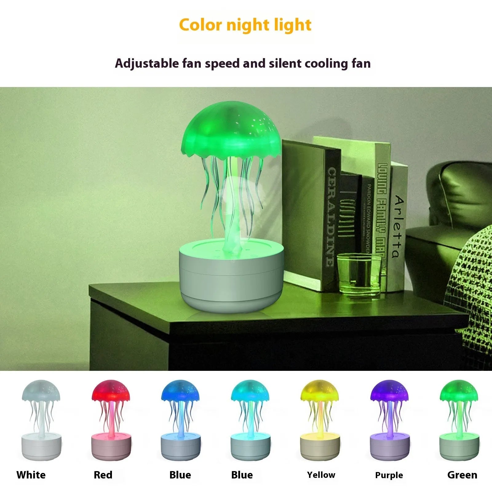 White jellyfish-shaped humidifier and essential oil diffuser with colourful LED night light on desktop