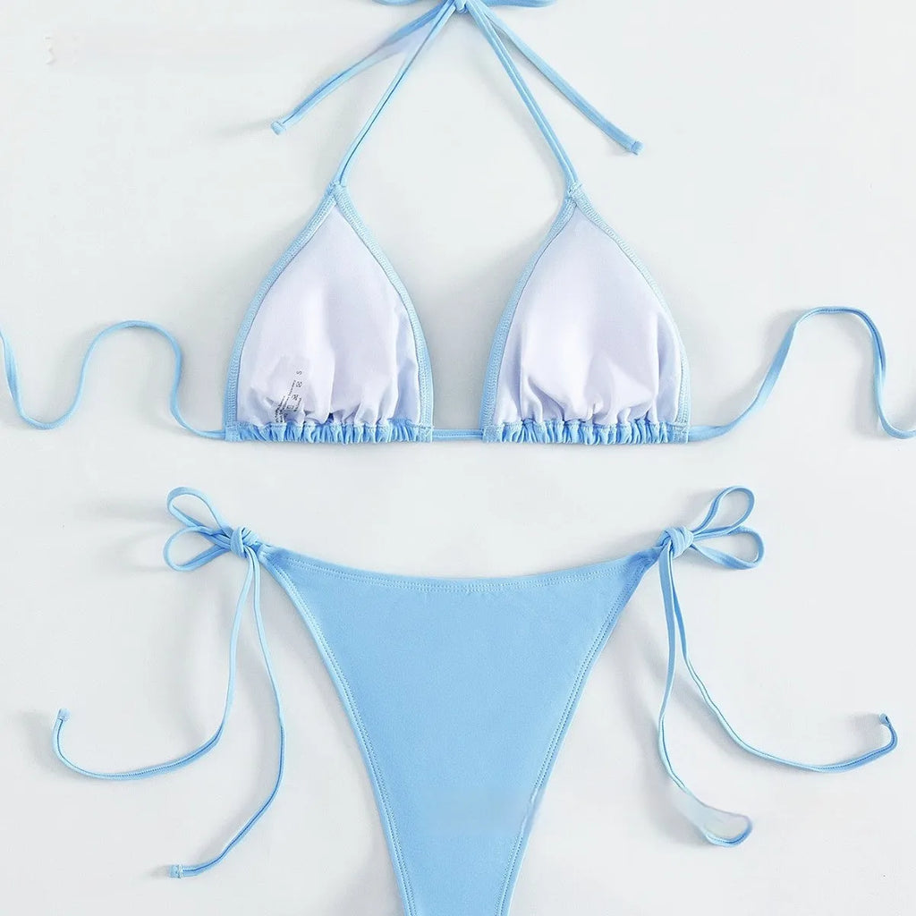 Women's sky blue split bikini swimsuit with Great Diamond pattern, backless, high-elasticity nylon, sizes S M L