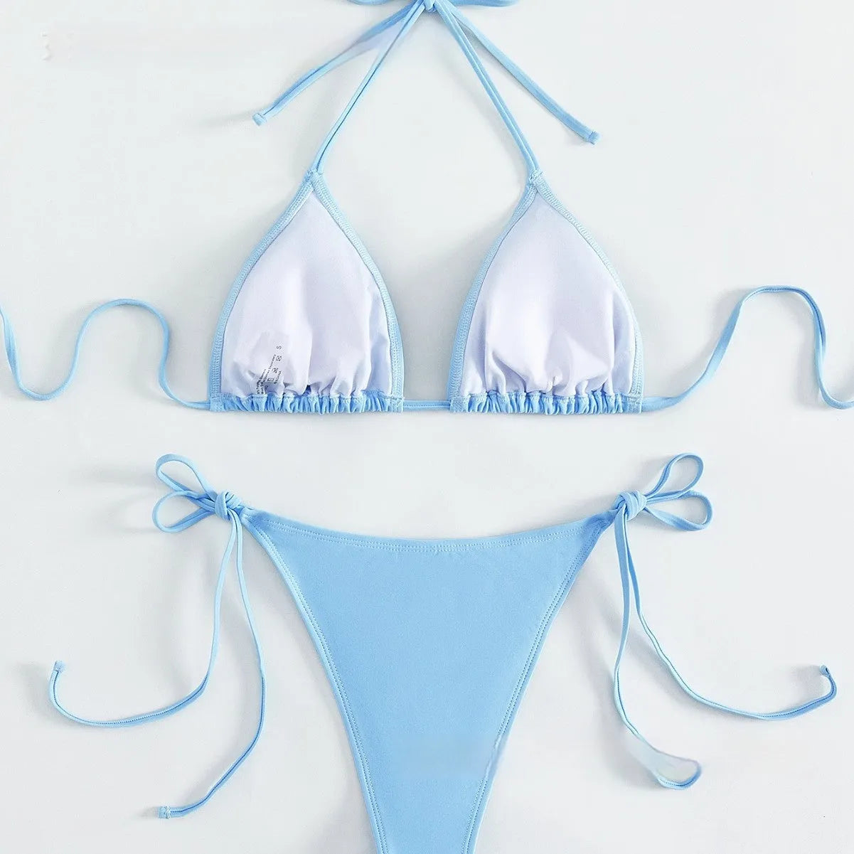 Women's sky blue split bikini swimsuit with Great Diamond pattern, backless, high-elasticity nylon, sizes S M L