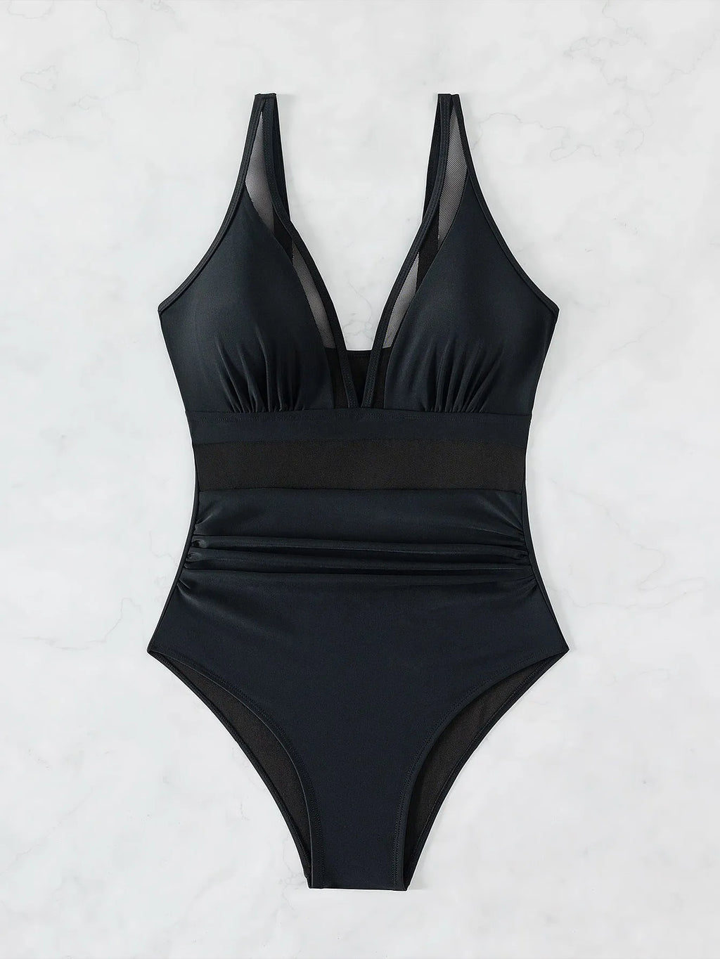 Black halter neck one-piece swimsuit for women, briefs style, made from nylon fabric.