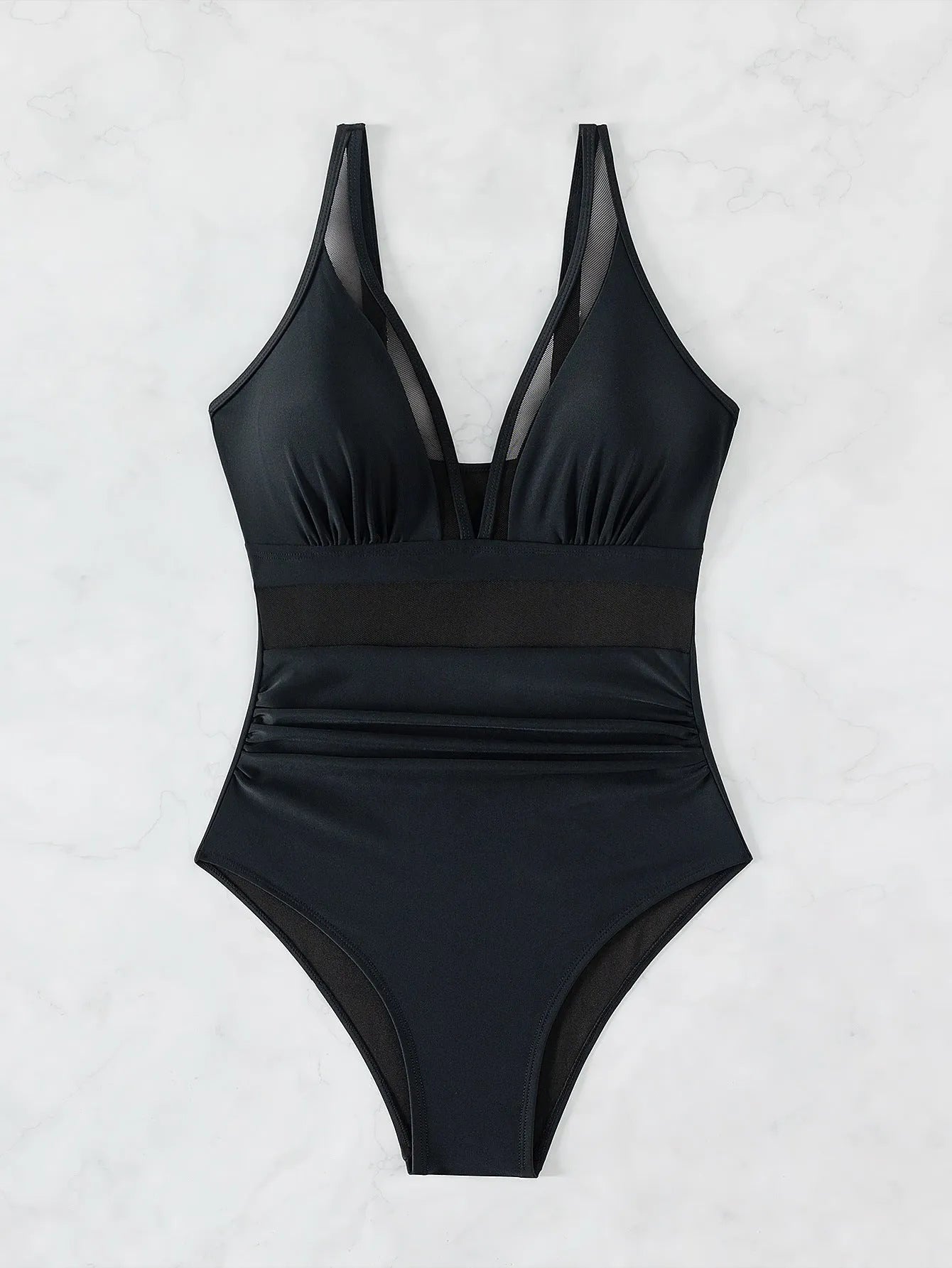 Black halter neck one-piece swimsuit for women, briefs style, made from nylon fabric.
