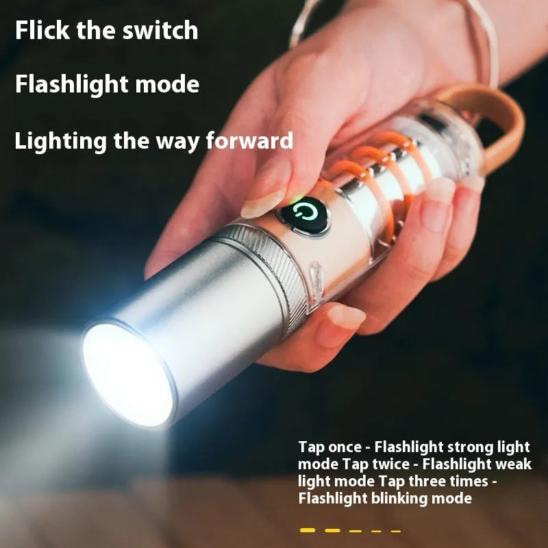 Orange 10W LED flashlight with optical zoom lens and keychain hook shown with USB charging cable