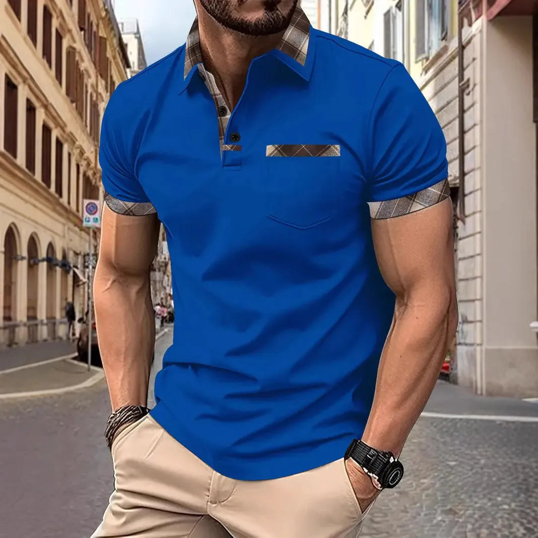Men's short sleeve plaid colorblock t-shirt with zipper decoration in loose fit style