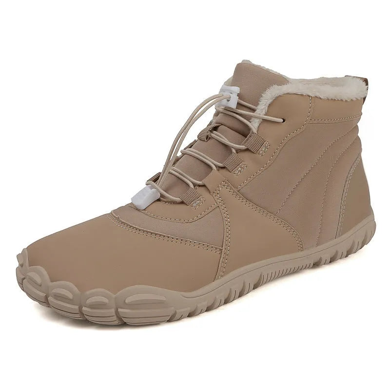Waterproof outdoor snow boots with fleece lining, rubber soles, and lace-up front in black, khaki, or pink colours