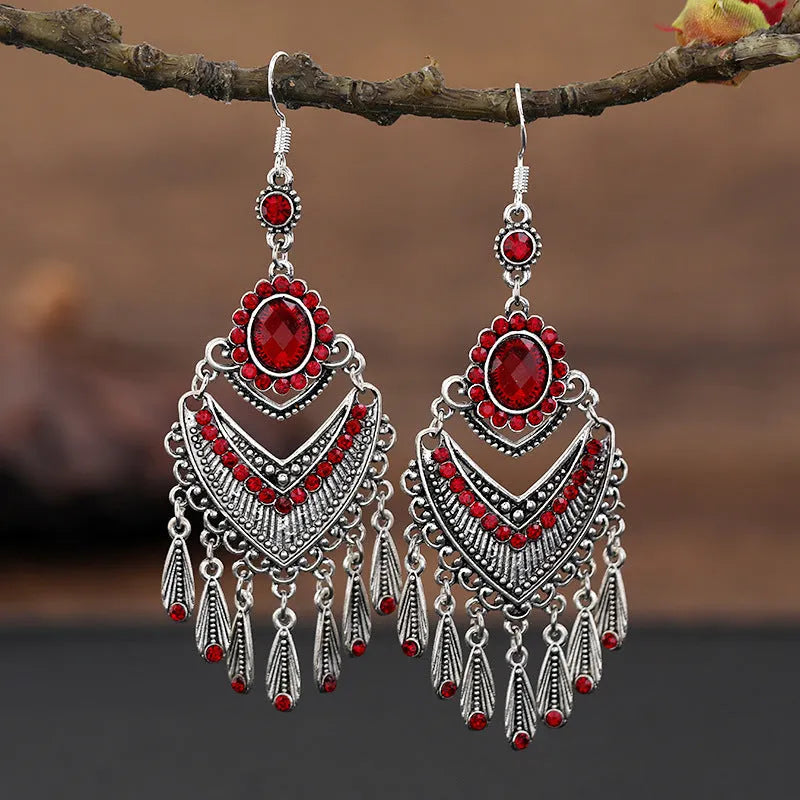 Retro court crystal long fringe earrings in Smart Water Drop Purple colour showing drop shape and ethnic style design