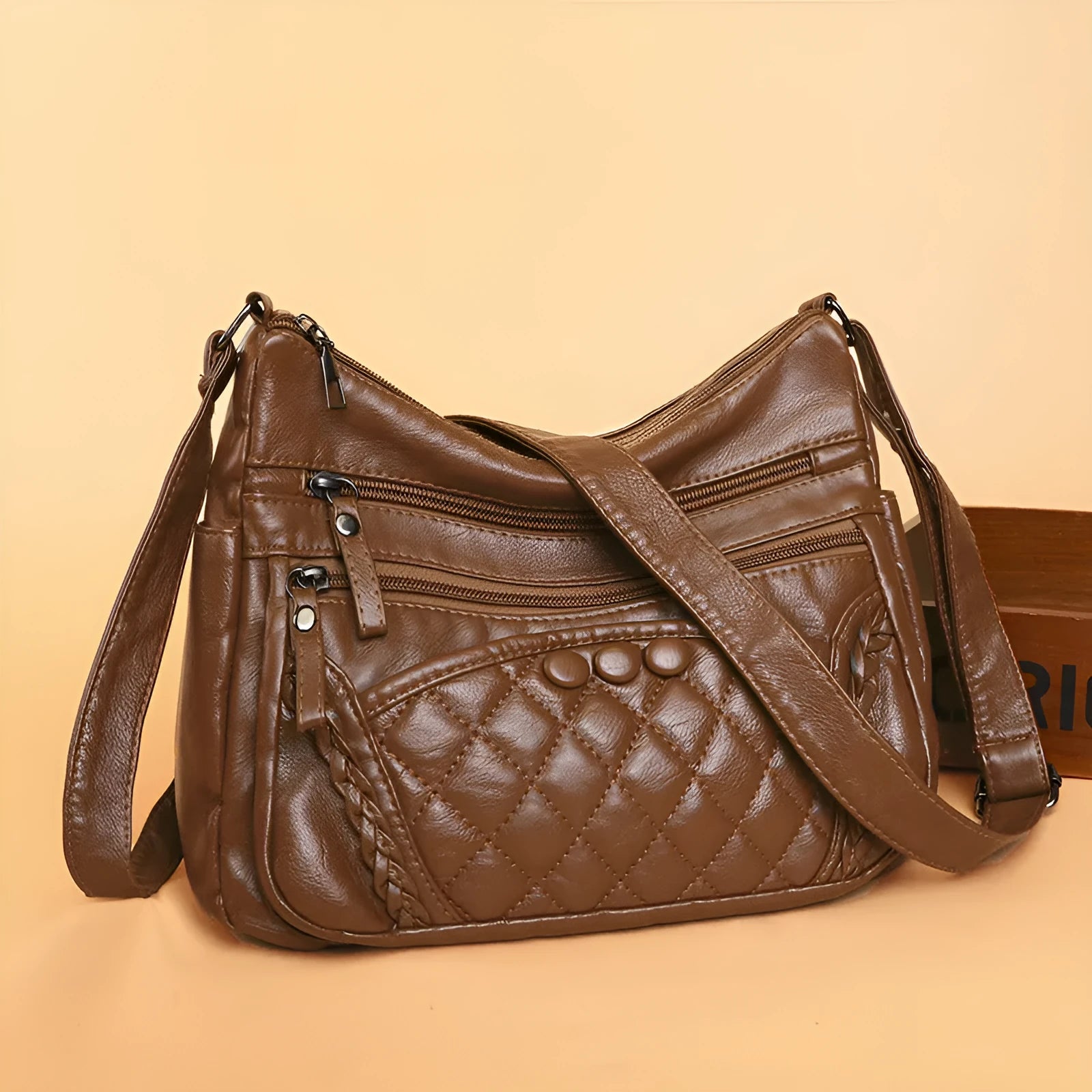 Soft leather retro women's shoulder bag large capacity small square bag with sewing line detail in brown