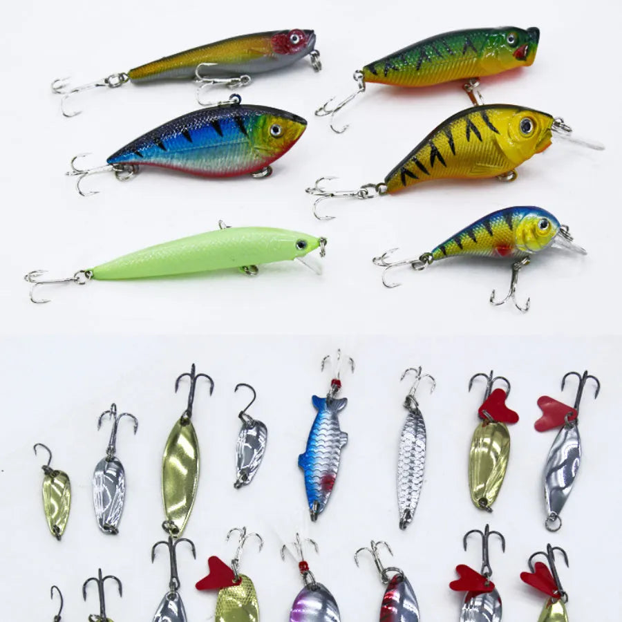 132-piece fishing lure set with plastic soft baits and high-carbon steel hooks in rose red colours
