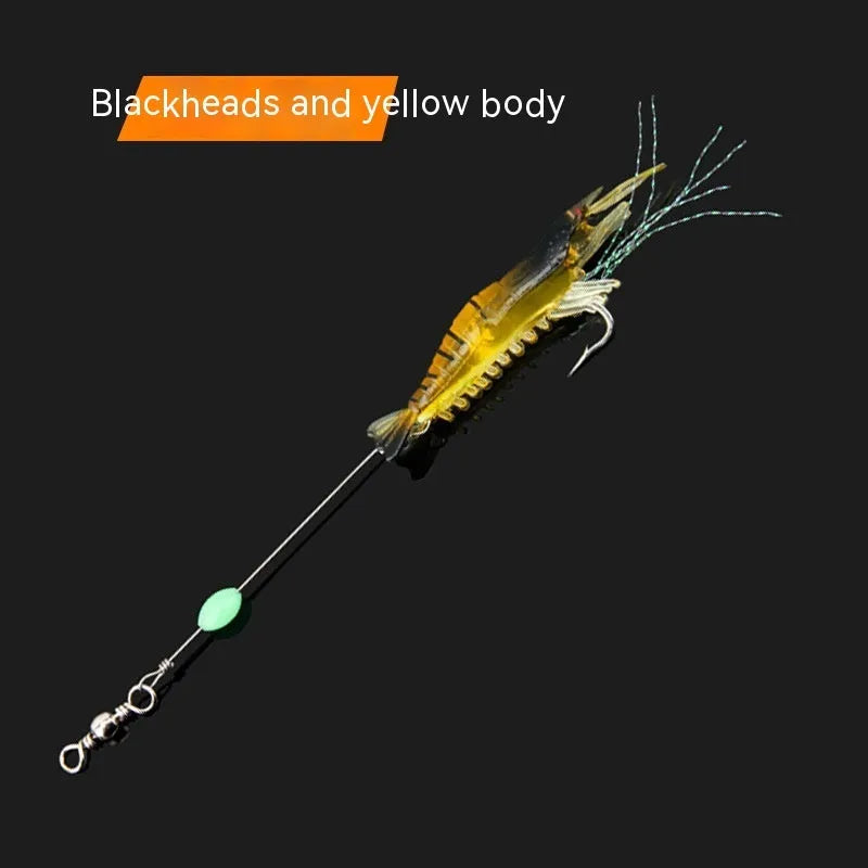 Six soft plastic fishing lures with hooks in various colours including luminous options on a blue background