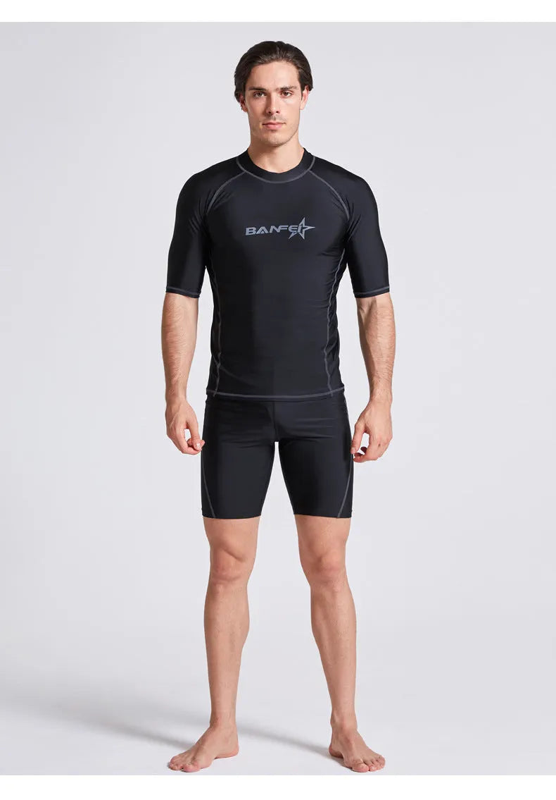 Men's blue quick-drying nylon swim set with half-sleeve top and matching swim pants on a mannequin.