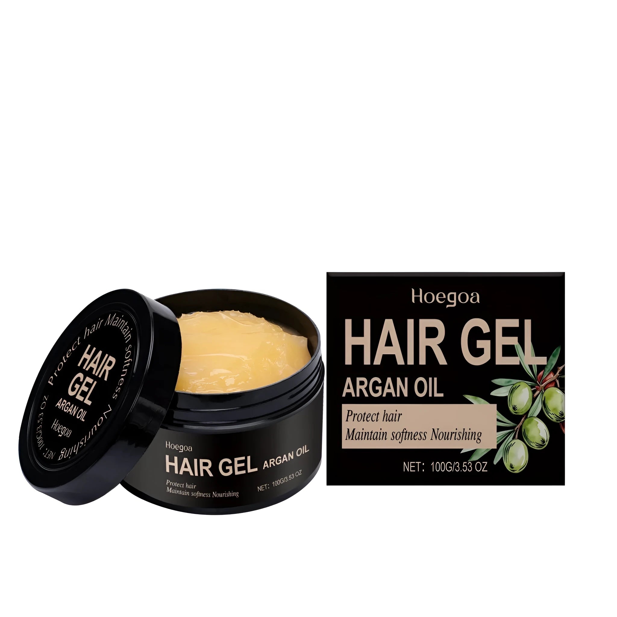 100ml bottle of Moroccan Nut Oil Hair Setting Gel with vitamin E and hyaluronic acid.