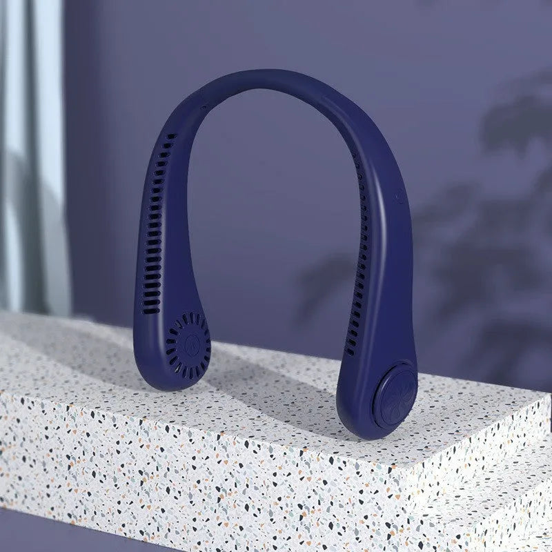 Pink USB rechargeable bladeless neck fan being worn, showing adjustable speed buttons and flexible neckband.