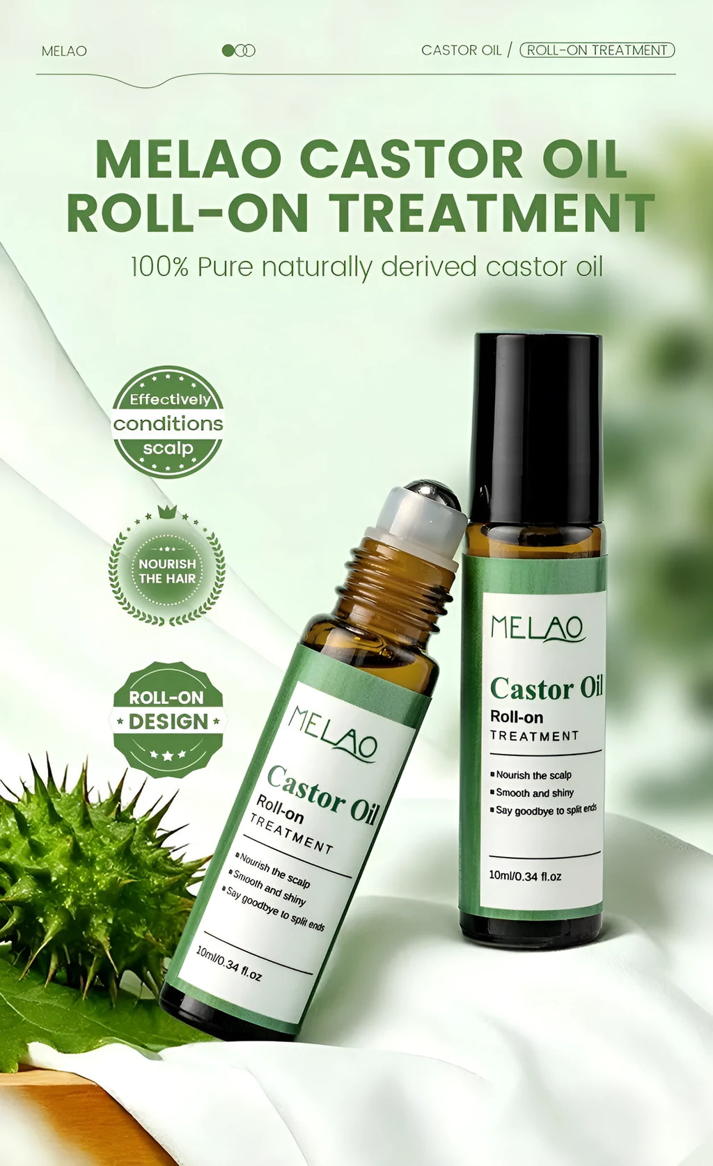 Castor oil roll-on essential oil 10ml portable hair growth serum with applicator