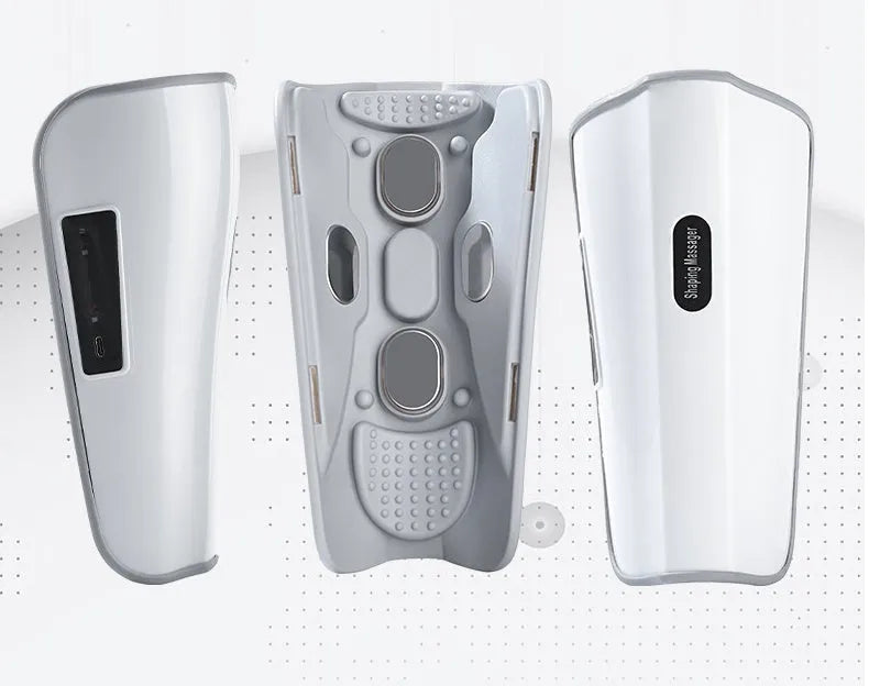 White plastic pulse calf massager with electrotherapy pulse technology and mechanical controls