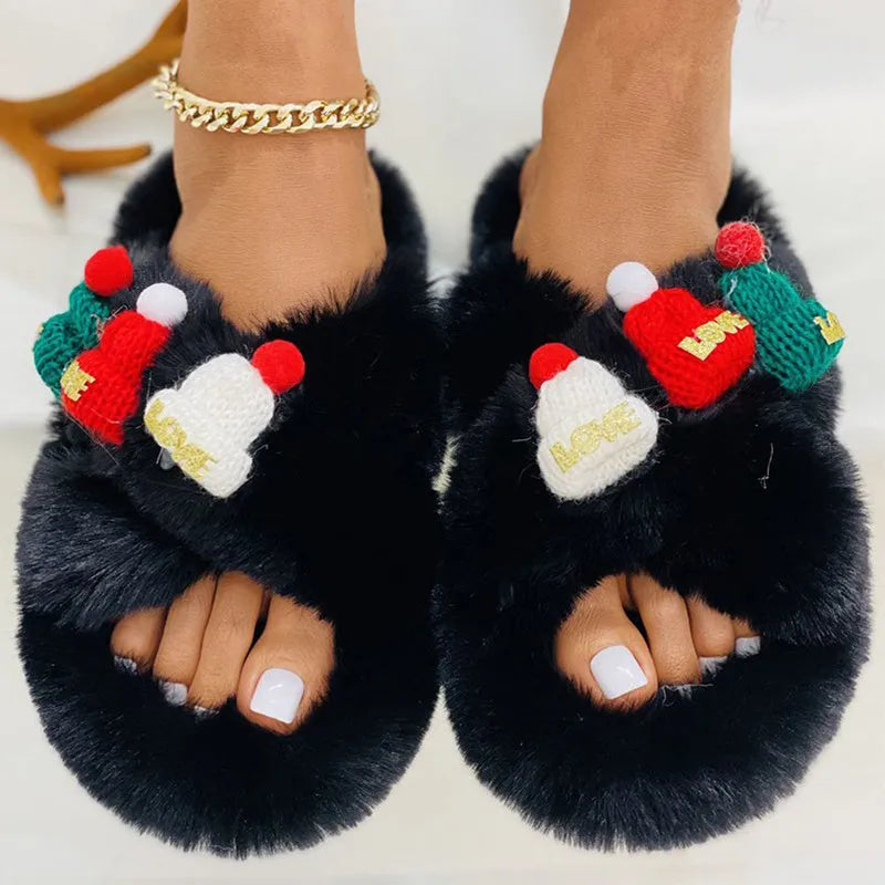 Women's Christmas hat decoration slippers in faux plush, available in black, khaki, and white colours.