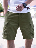 Men's loose-fit cotton blend retro work shorts in army green, shown flat.