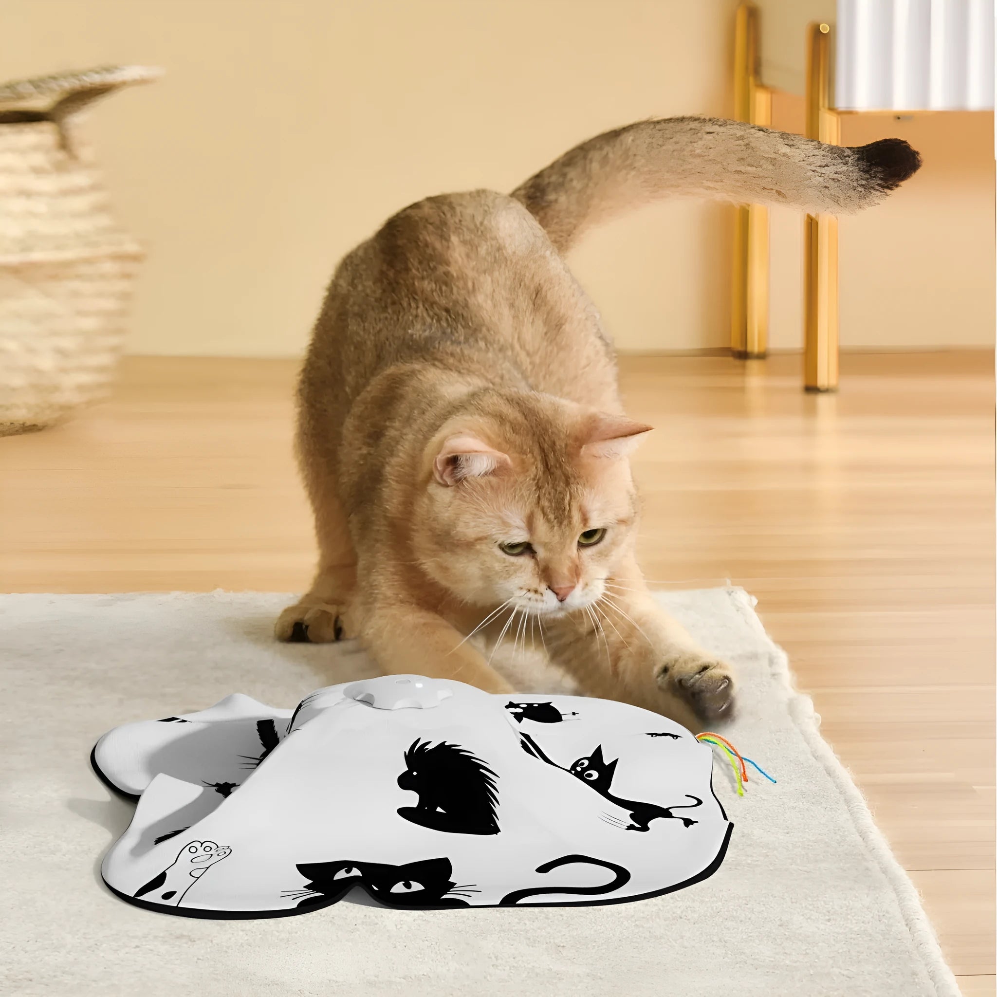 Plastic self-play cat teaser wand with feather attachments measuring 19.8cm