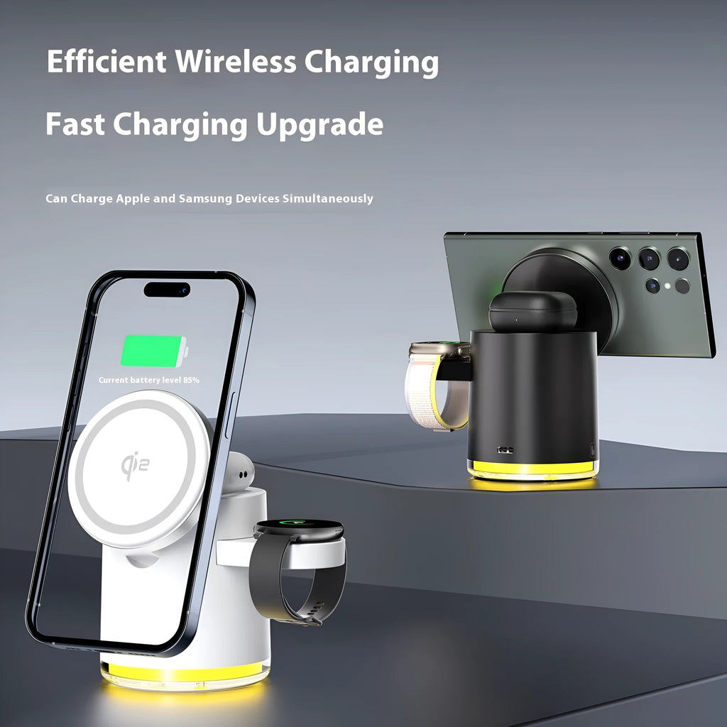 C16 magnetic folding three-in-one wireless charger in black or ivory white charging phone watch earphone