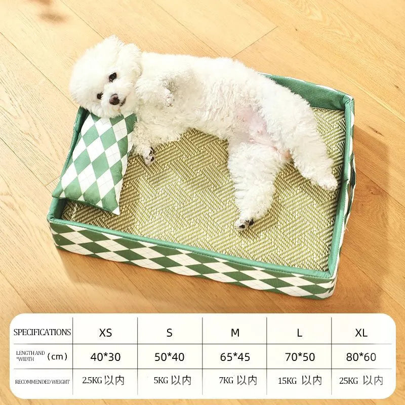 Blue rattan mat cat bed in size L, a non-removable pet sleeping nest on a wooden floor.