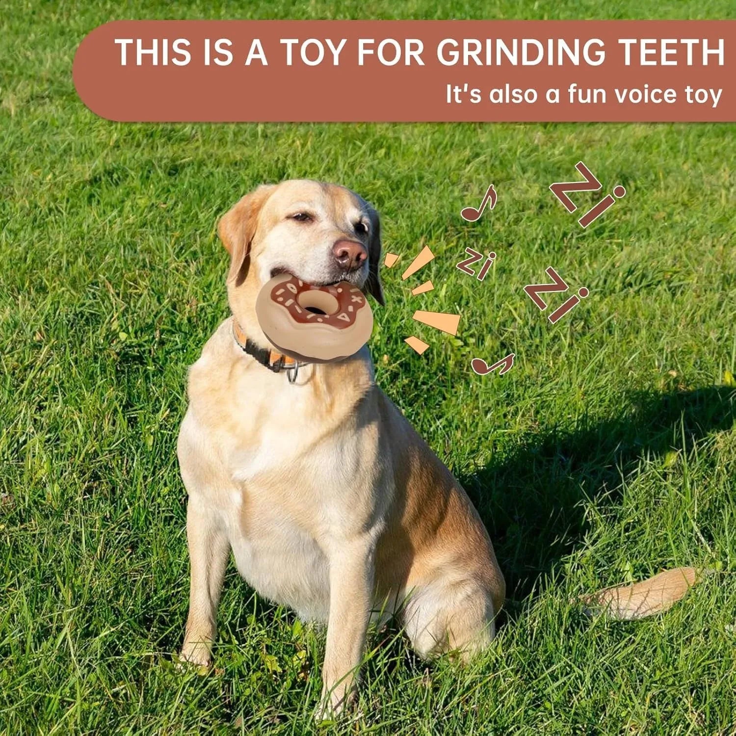 TPR donut dog toy in coffee colour with embossed surface for teeth grinding and hidden squeaker