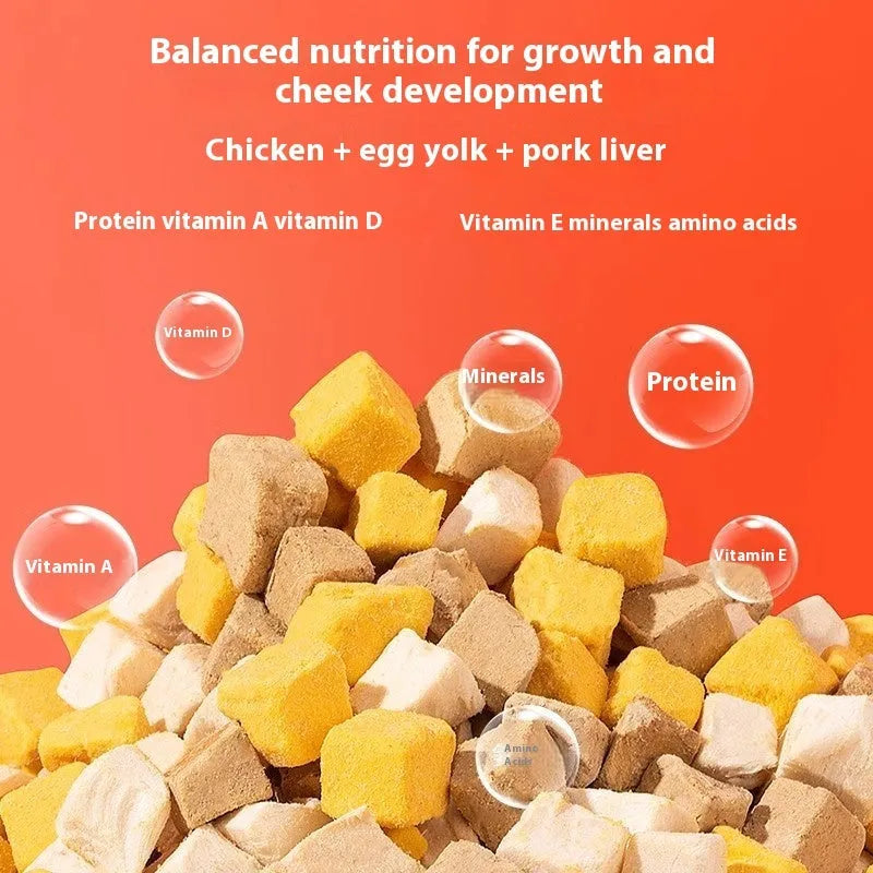 Freeze-dried dog snacks in a resealable bag, assorted chicken egg yolk and duck varieties, 500g net weight