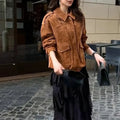 Women's brown suede-look coat with regular sleeves and street chic styling