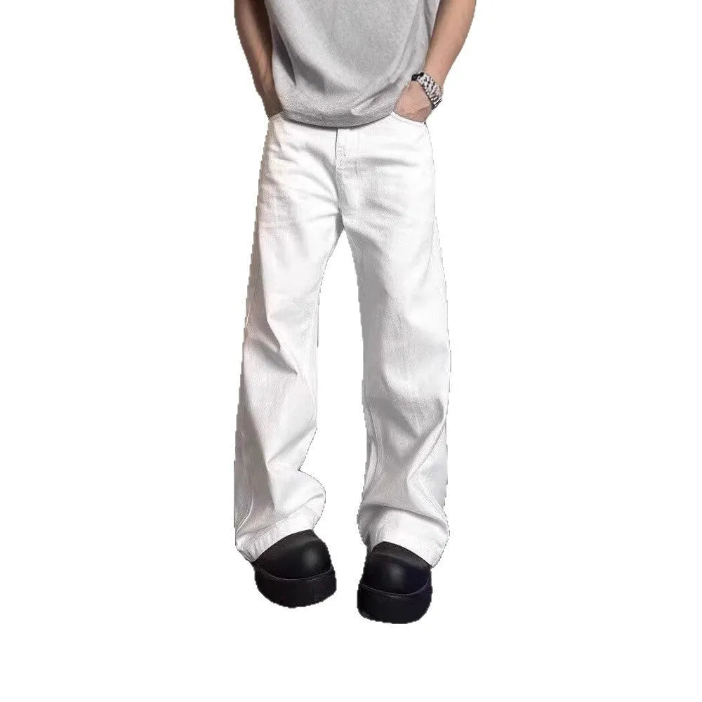 Men's white straight-leg denim jeans with wide leg opening and zip fly