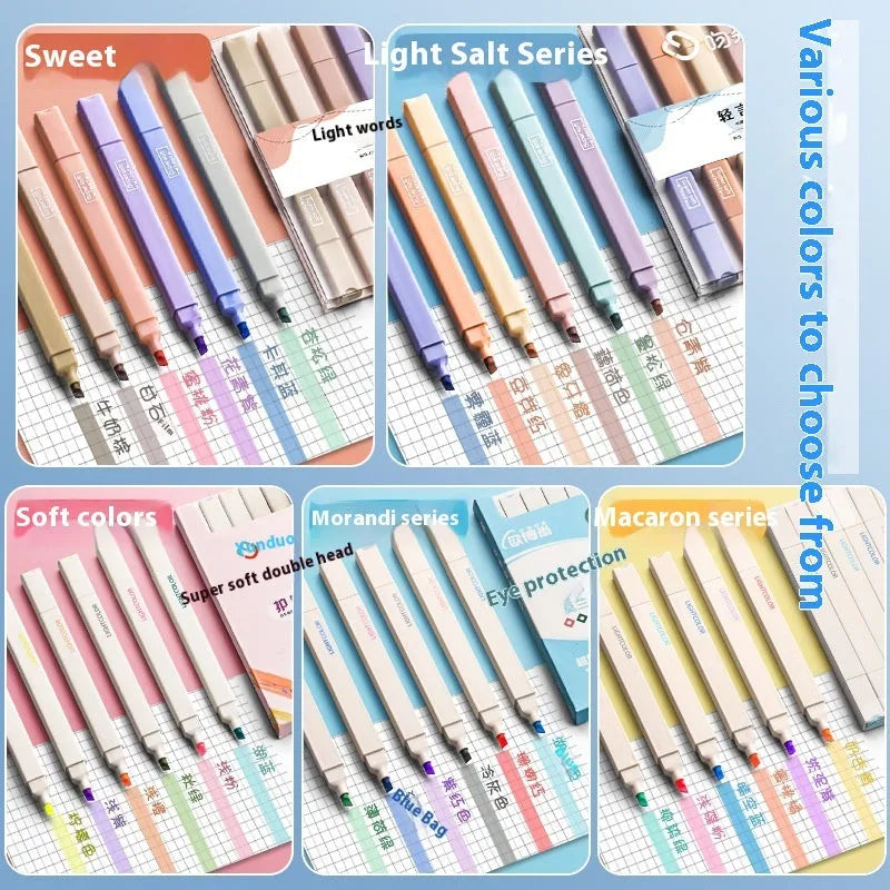 A pack of double-headed fluorescent marker pens showing their two distinct tips, available in mixed colours or themed sets.