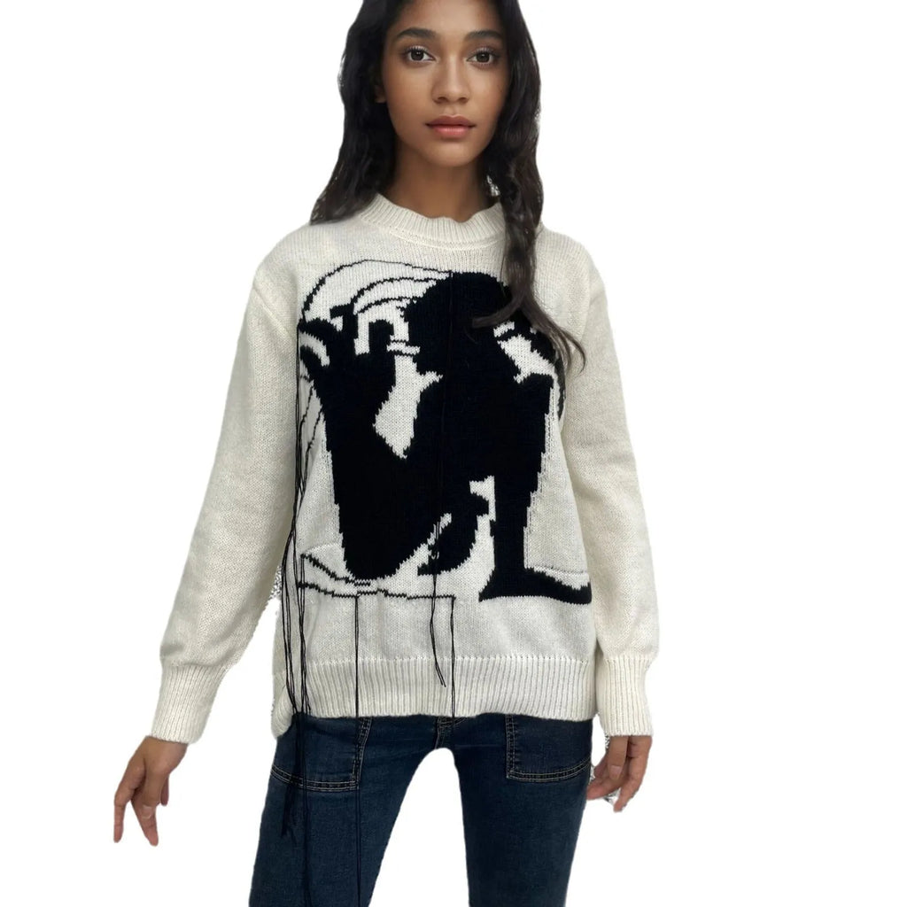 Women's alpaca wool loose fit sweater with tassel design in grey colour