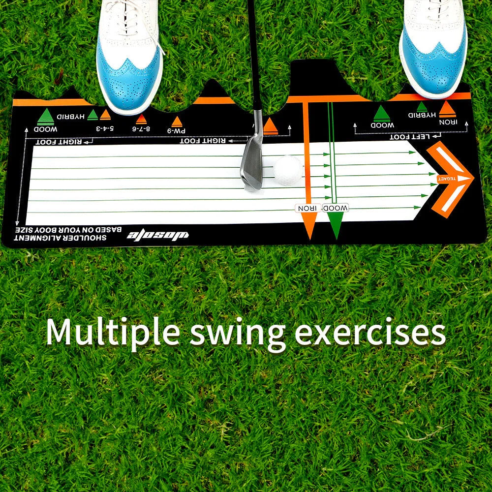 Black neoprene golf swing posture training pad on a practice mat.