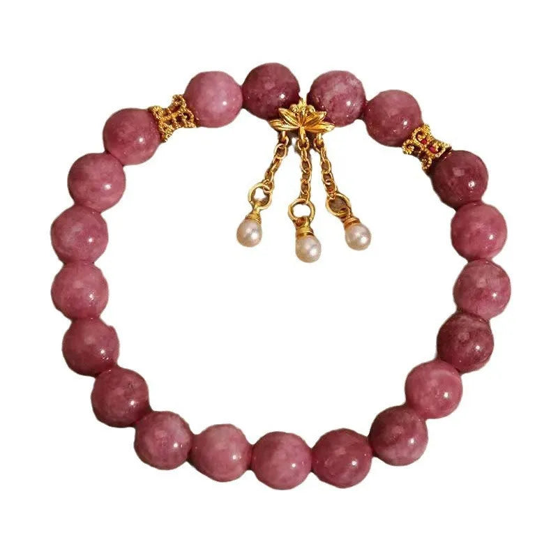 Women's natural stone bracelet with pink lotus tassel and pearl pendant in new Chinese style
