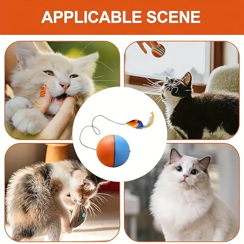 Blue and orange interactive cat toy ball with plush mouse attachment measuring 8.5*8.5*9 cm