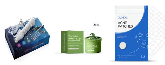 Holy Basil Bubble Deep Mask clay mask with acne patches and beauty instrument set on white background