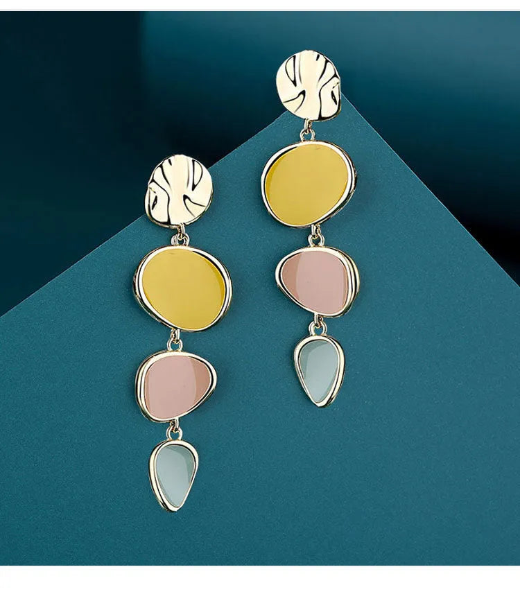 Morandi three-colour oil-drip finish on simple alloy disc vintage earrings with sterling silver post.