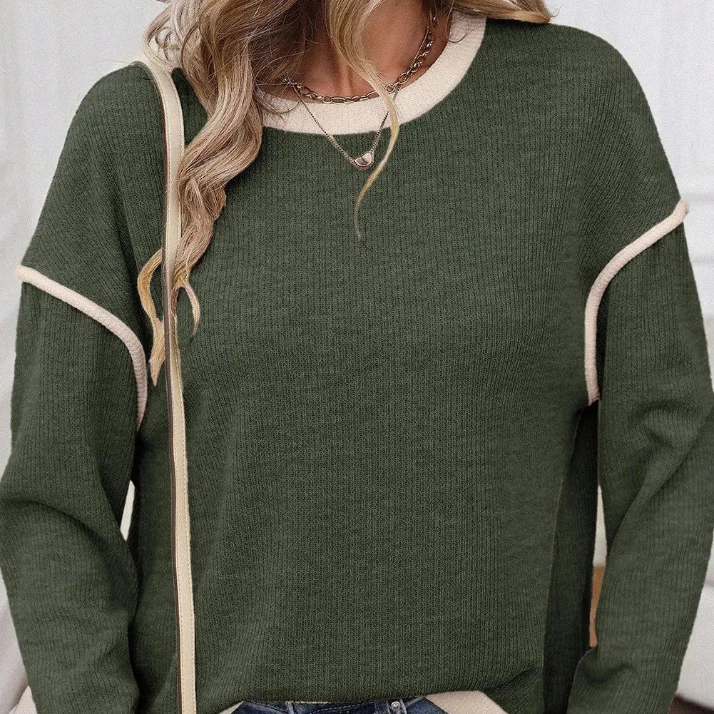 Four Leaf Clover contrast trim knit drop shoulder loose top in polyester elastane fabric